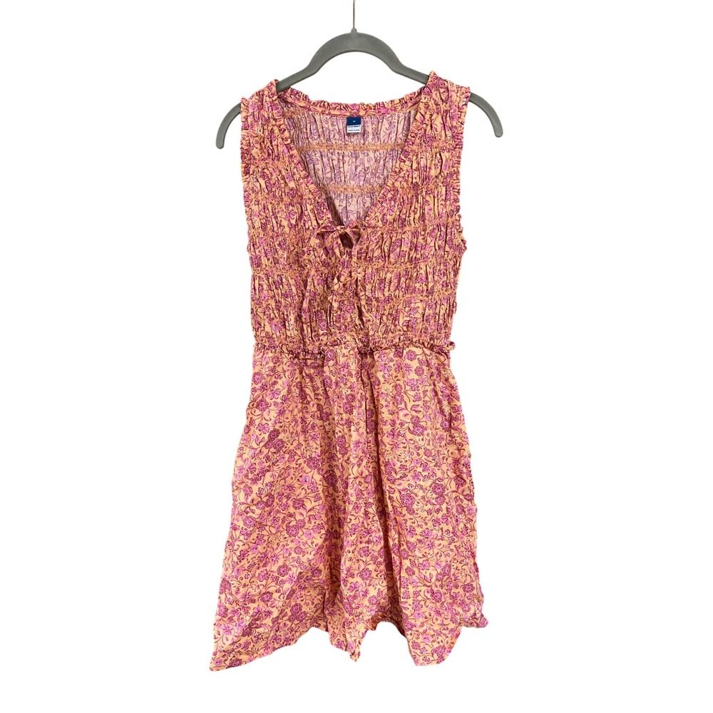 Old Navy Fit and Flare Smocked Bodice Mini Dress Pink Orange Floral Cotton M
